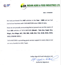 Indian Agro & Food Industries Limited Testimonial