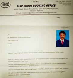MSK Lorry Booking Office Testimonial